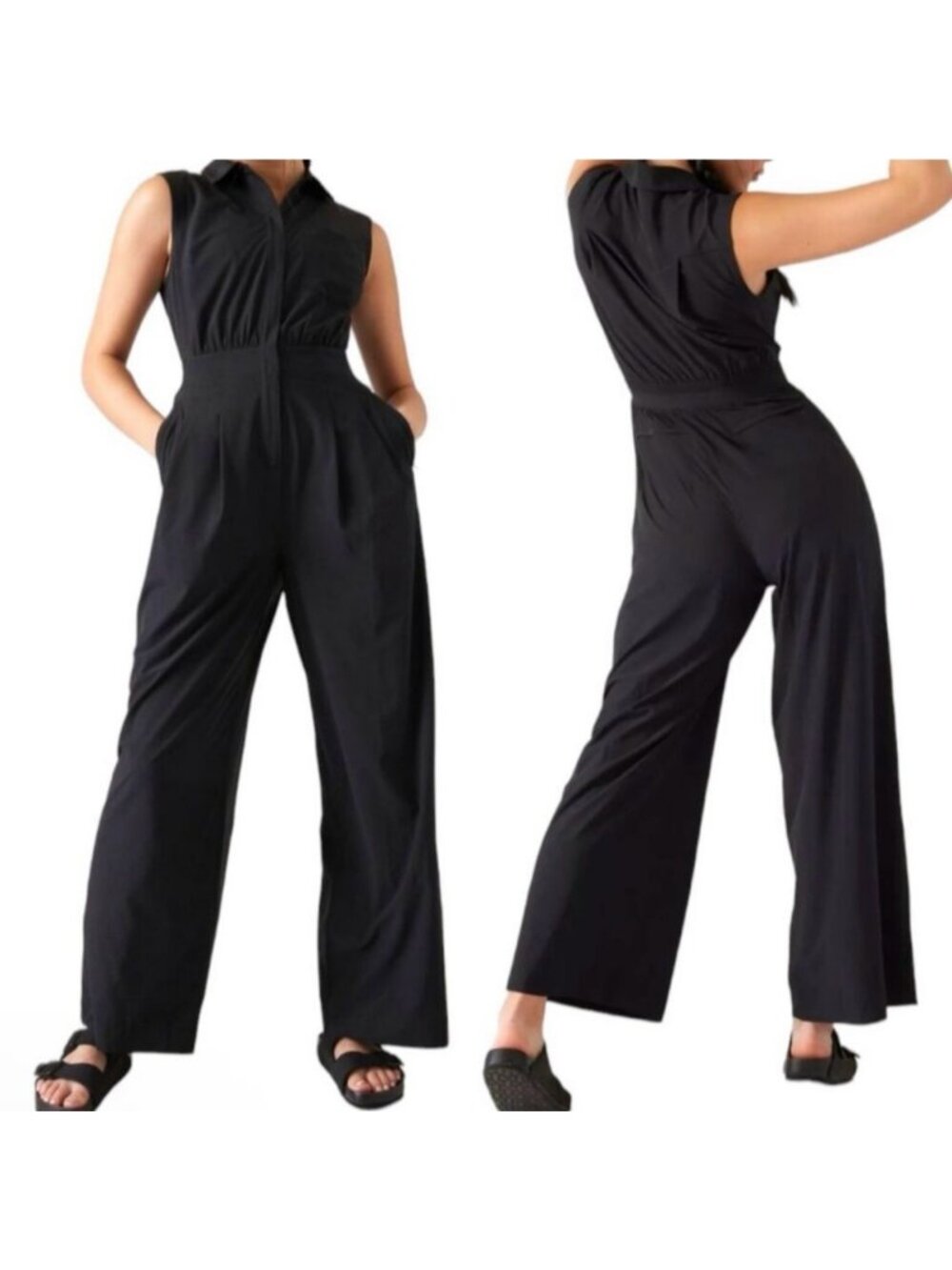 Athleta Brooklyn Heights Wide Leg Jumpsuit Womens 10 Black Front Zip Sleeveless